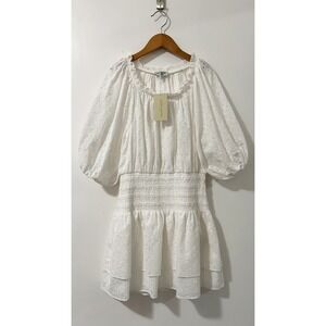 Ramy Brook Sawyer White Eyelet Smocked Mini Dress Puff Sleeve Size Small